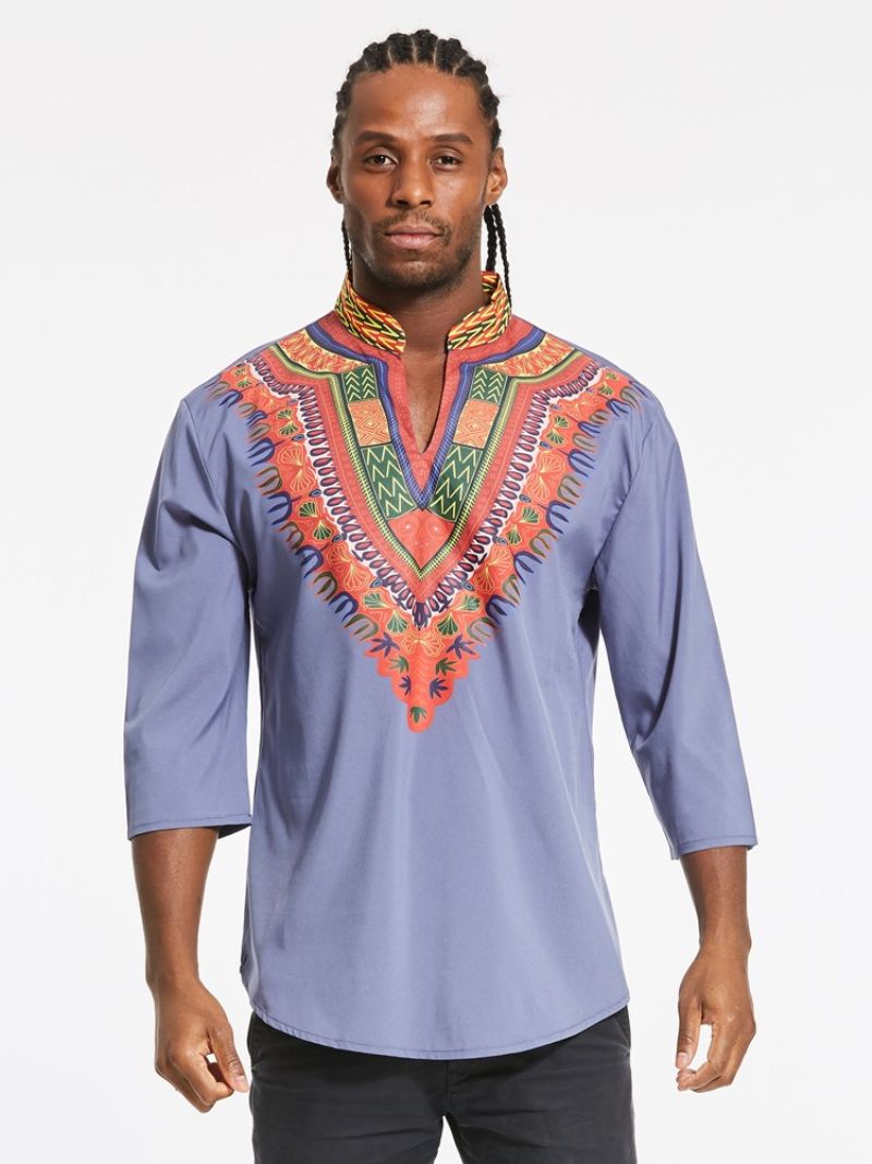 Tenké Pánské Tričko African Fashion Dashiki Print Color Block S Výstřihem Do V