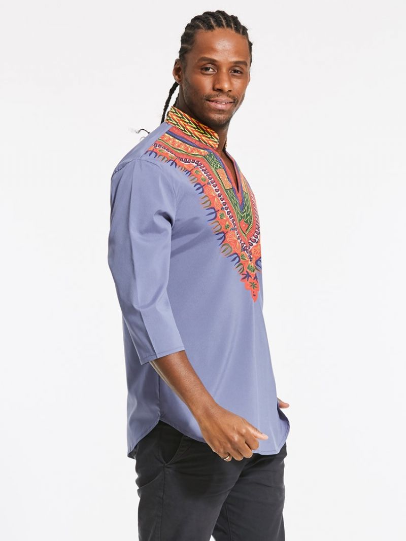 Tenké Pánské Tričko African Fashion Dashiki Print Color Block S Výstřihem Do V