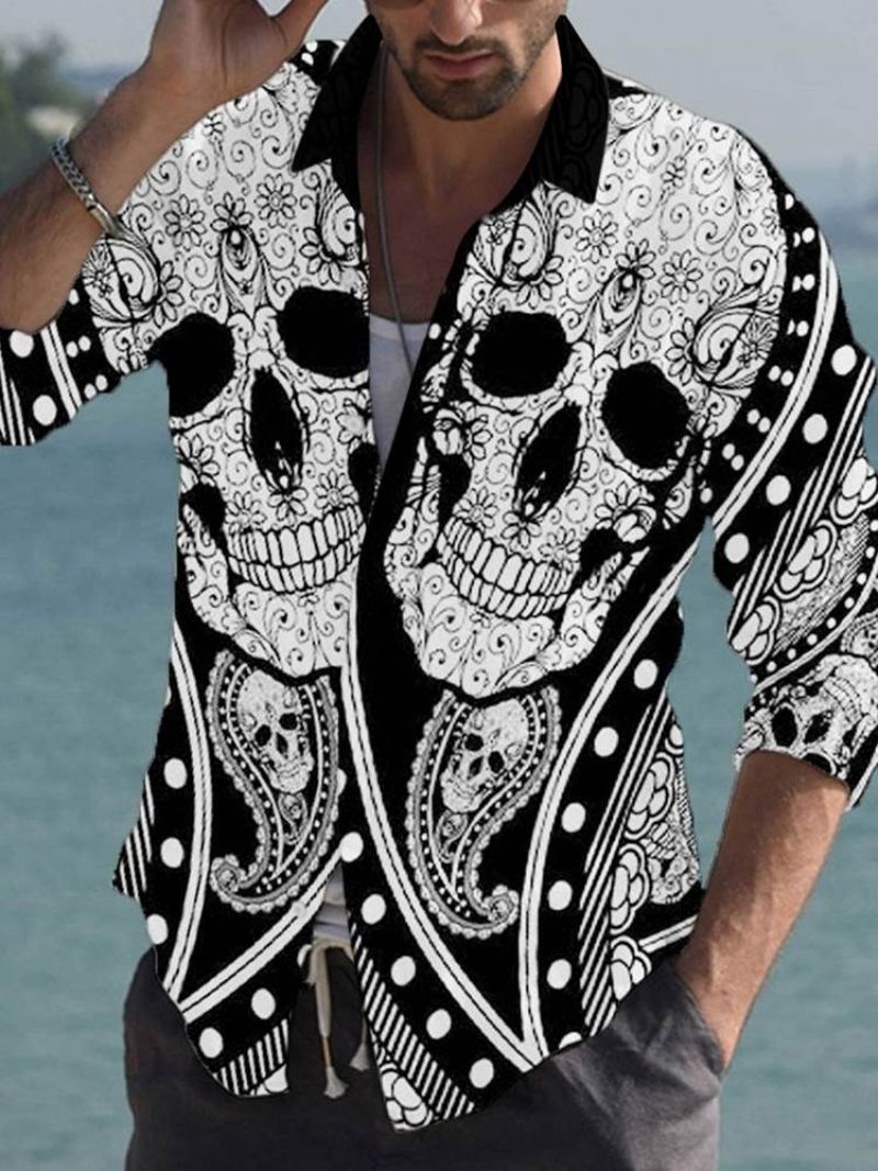 Tiktok Lapel Print Skull Slim Summer Shirt