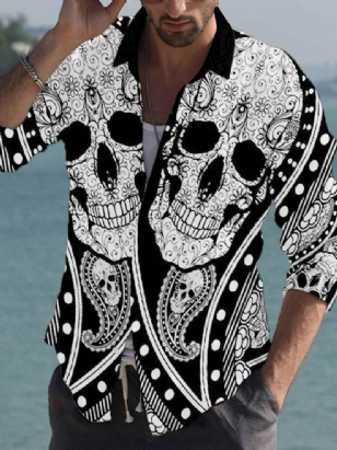 Tiktok Lapel Print Skull Slim Summer Shirt