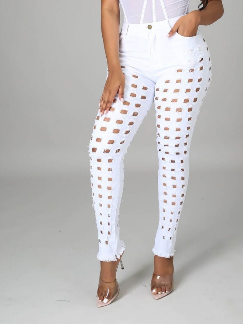 Dámské Džíny Plain Pencil Pants Hole Slim Zipper