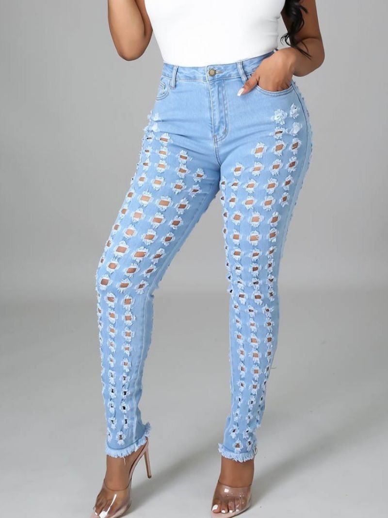 Dámské Džíny Plain Pencil Pants Hole Slim Zipper