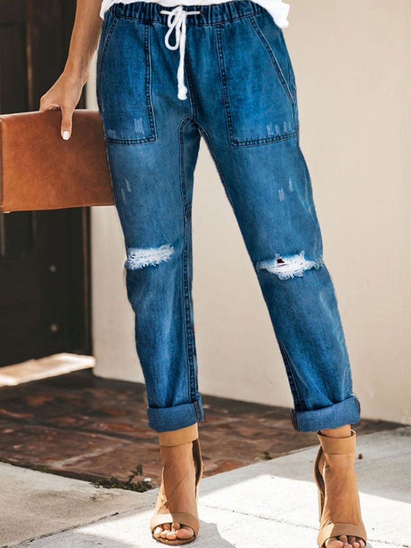 Lace-up Plain Pocket Elastics Jeans