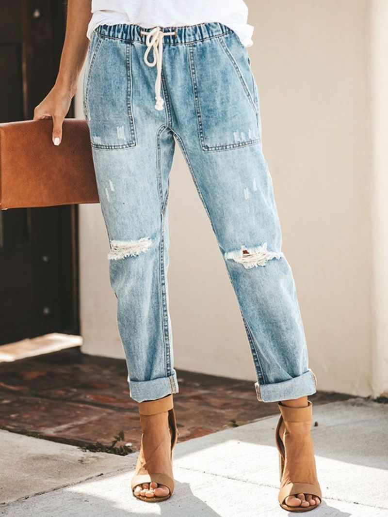 Lace-up Plain Pocket Elastics Jeans