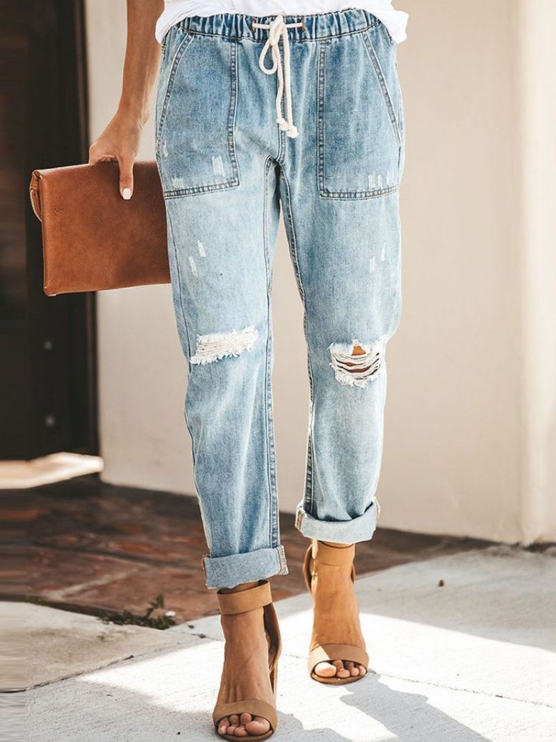 Lace-up Plain Pocket Elastics Jeans