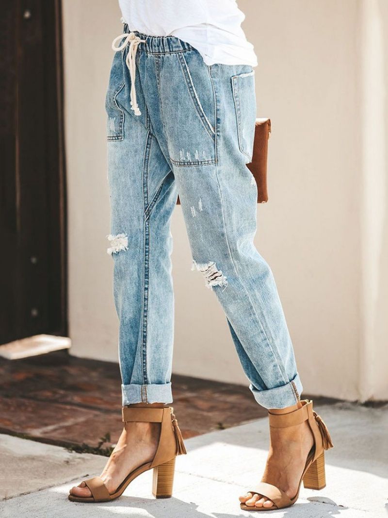 Lace-up Plain Pocket Elastics Jeans