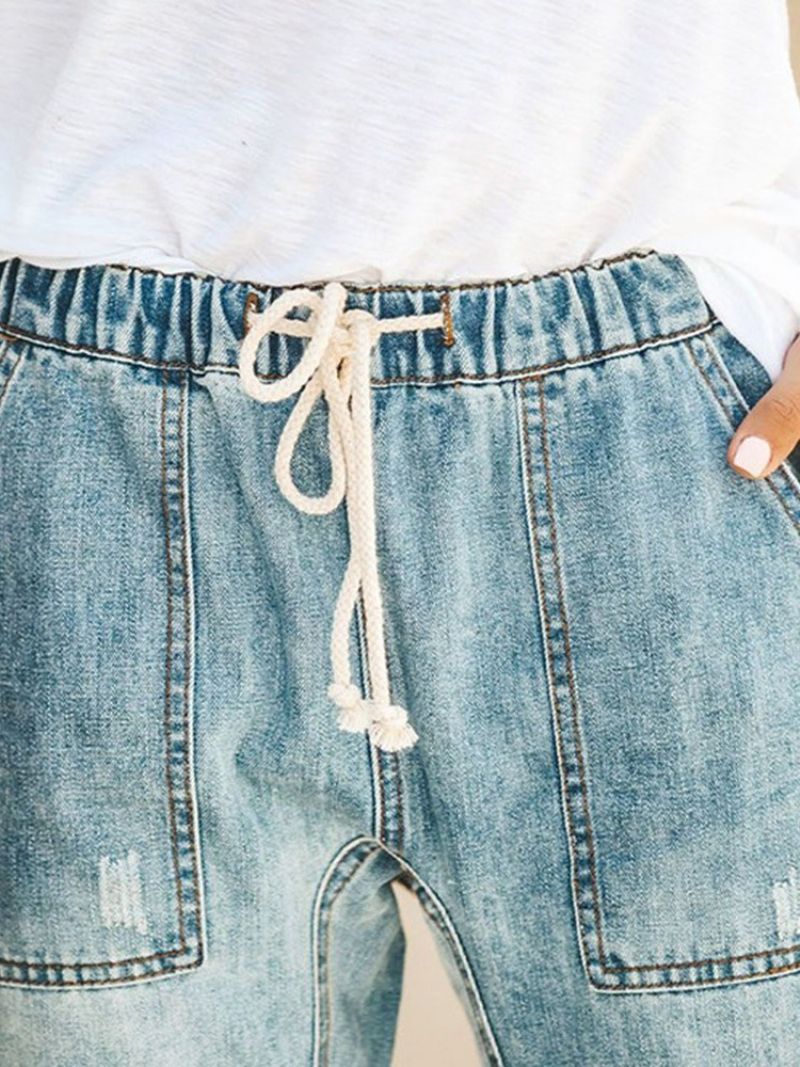 Lace-up Plain Pocket Elastics Jeans