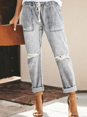 Lace-up Plain Pocket Elastics Jeans