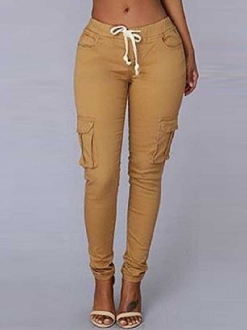 Cargo Kalhoty Skinny Plain Pocket Pencil Pants Dámské Ležérní Kalhoty Se Středním Pasem