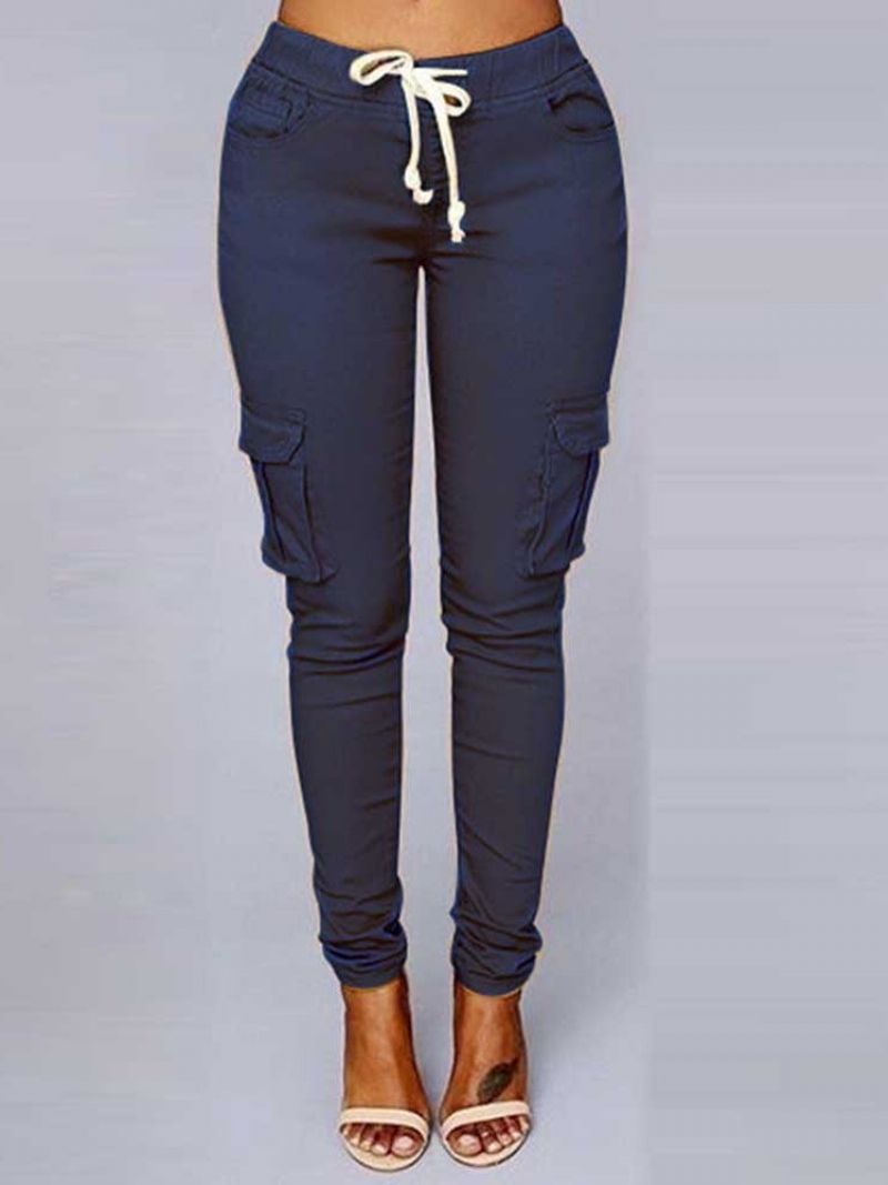 Cargo Kalhoty Skinny Plain Pocket Pencil Pants Dámské Ležérní Kalhoty Se Středním Pasem