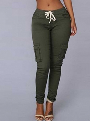 Cargo Kalhoty Skinny Plain Pocket Pencil Pants Dámské Ležérní Kalhoty Se Středním Pasem