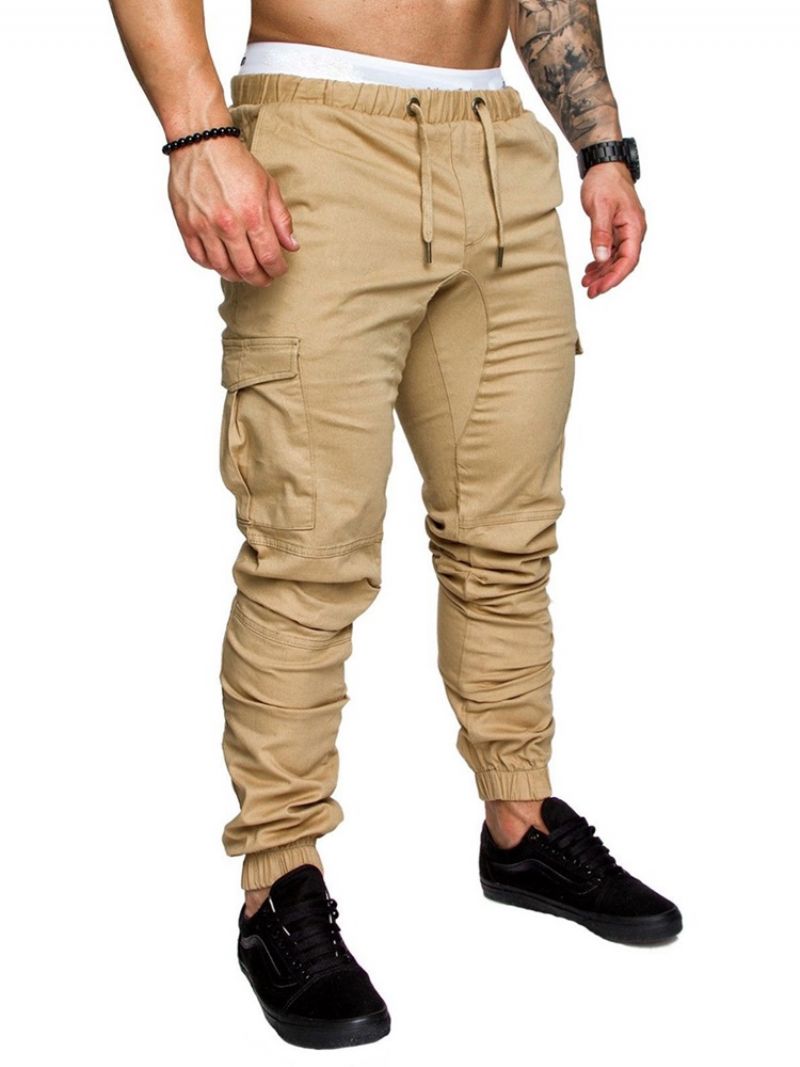 Cargo Kalhoty Plain Khaki Lace Up Pocket Pánské Ležérní Kalhoty