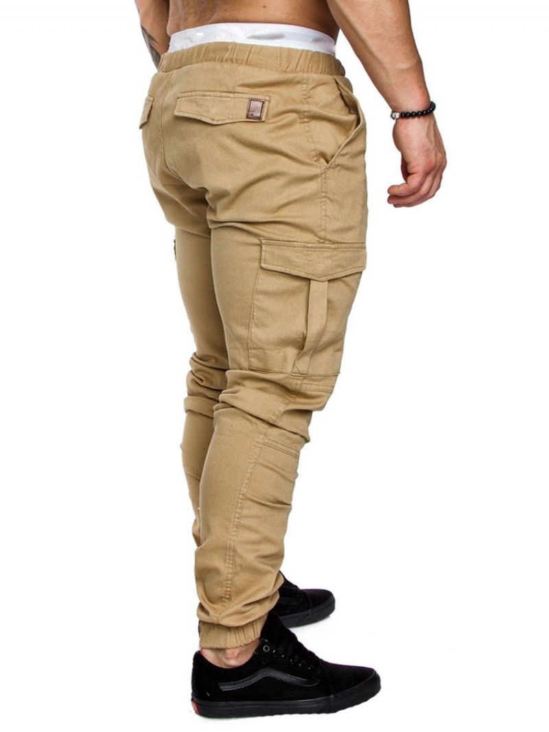 Cargo Kalhoty Plain Khaki Lace Up Pocket Pánské Ležérní Kalhoty