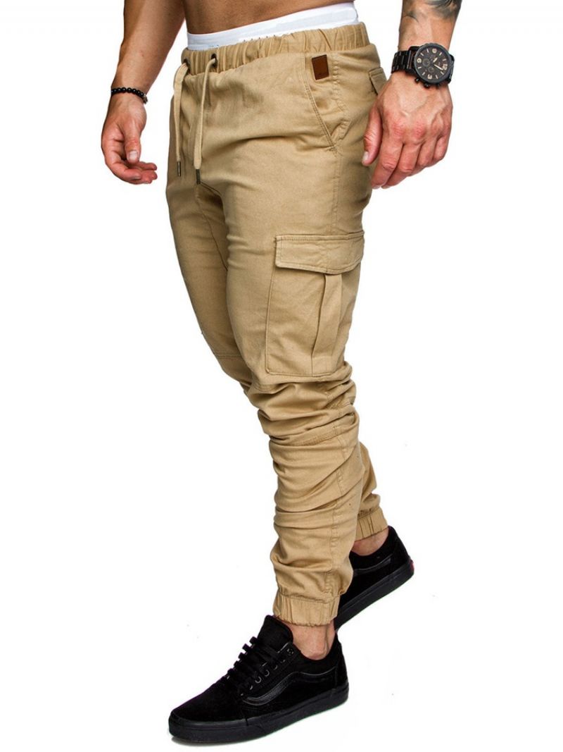 Cargo Kalhoty Plain Khaki Lace Up Pocket Pánské Ležérní Kalhoty