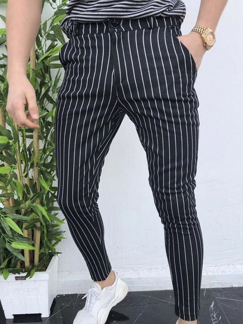 Pánské Ležérní Kalhoty Stripe Pencil Kalhoty Pocket Casual Mid Waist