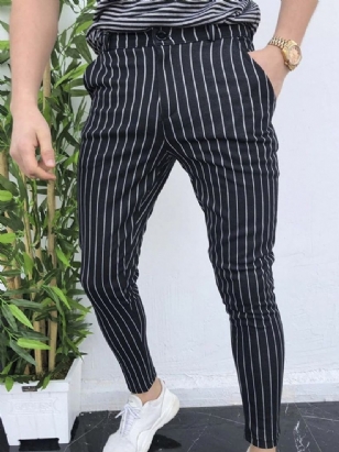 Pánské Ležérní Kalhoty Stripe Pencil Kalhoty Pocket Casual Mid Waist