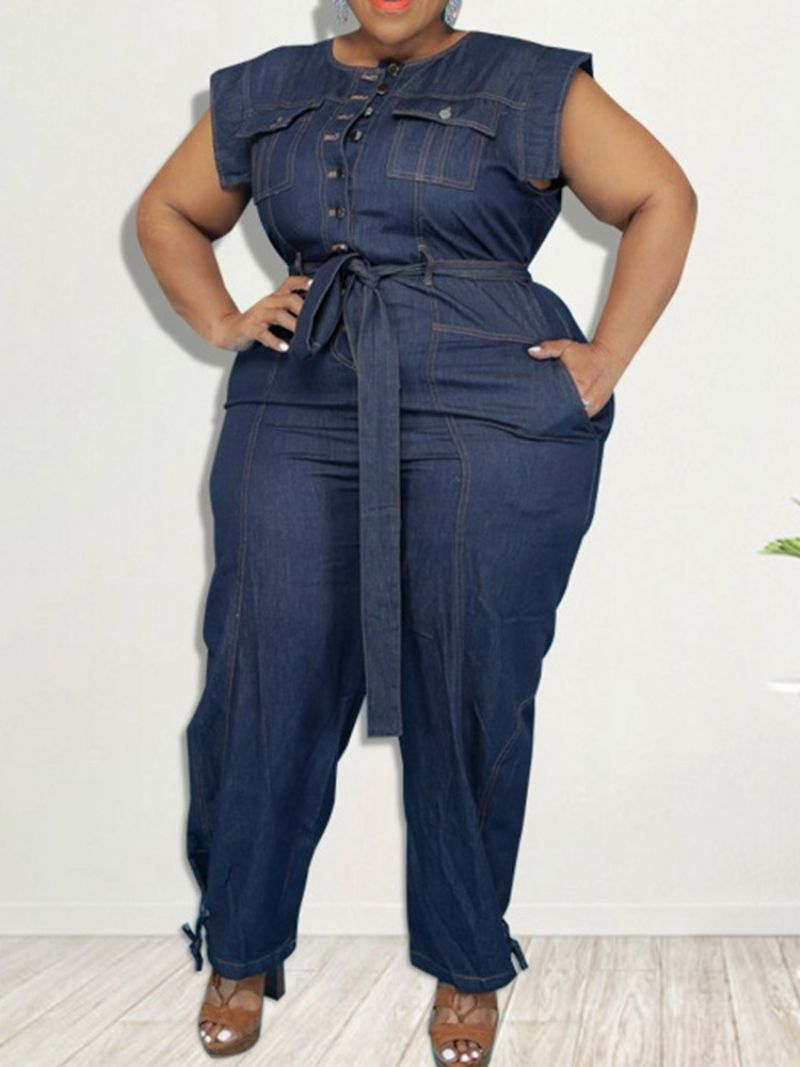 Denim Belted Full Length Western Plain Pencil Pants Slim Overal