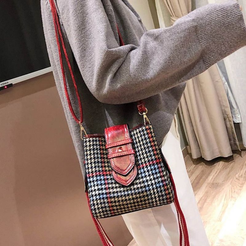 Crossbody Kabelka Houndstooth Wool Blends S Mřížkou Ve Tvaru Sudu