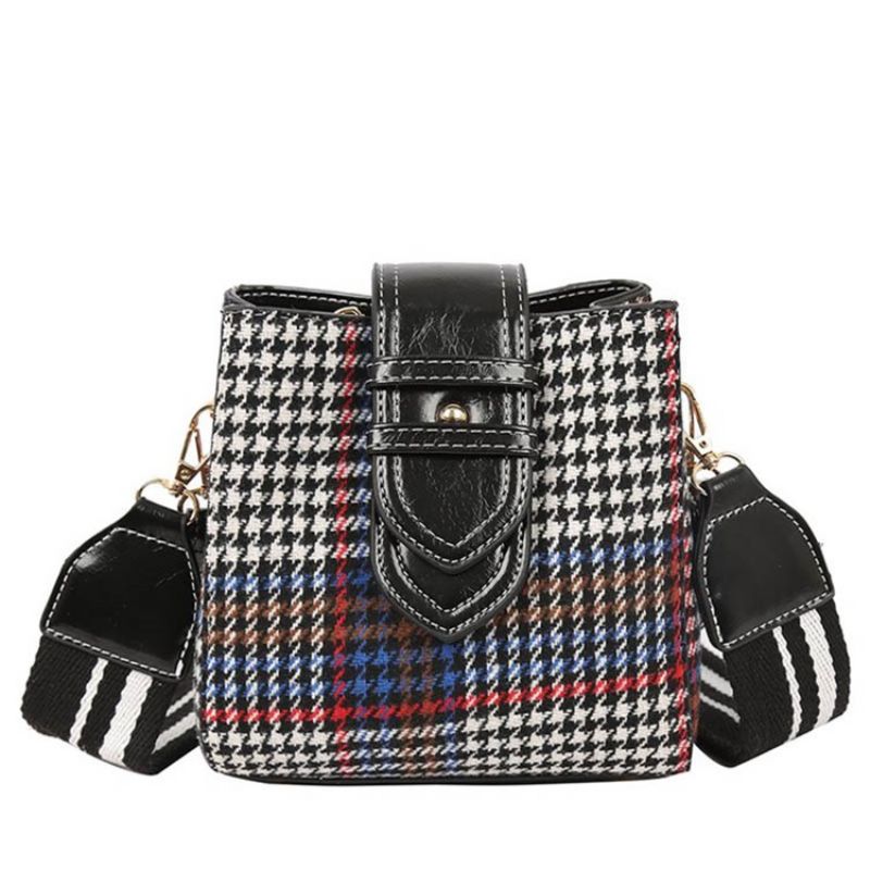 Crossbody Kabelka Houndstooth Wool Blends S Mřížkou Ve Tvaru Sudu