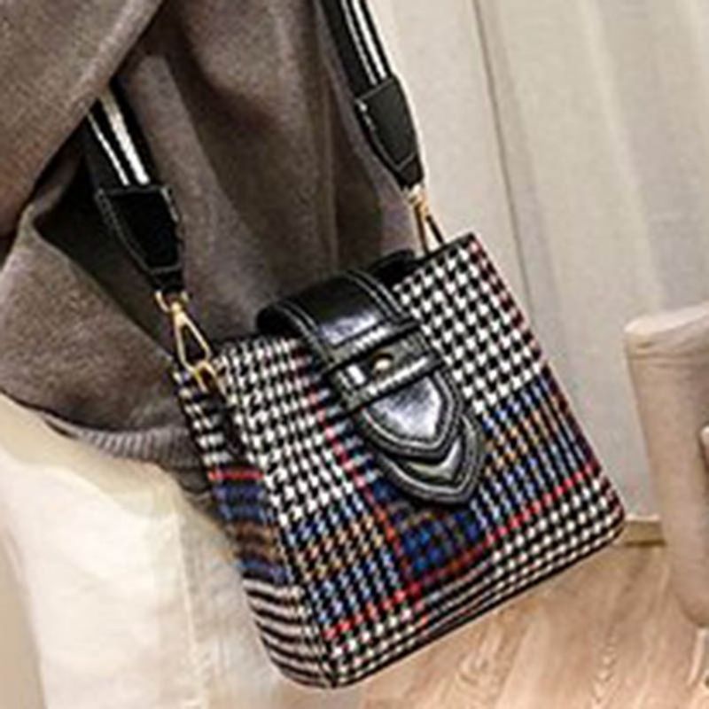 Crossbody Kabelka Houndstooth Wool Blends S Mřížkou Ve Tvaru Sudu