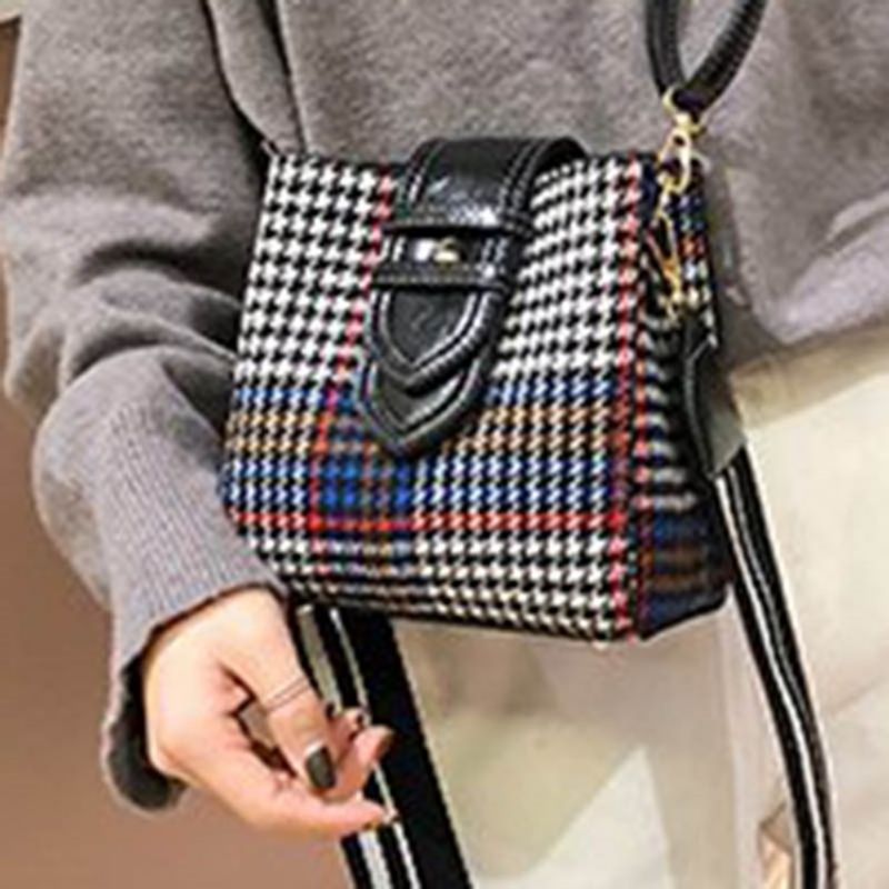 Crossbody Kabelka Houndstooth Wool Blends S Mřížkou Ve Tvaru Sudu