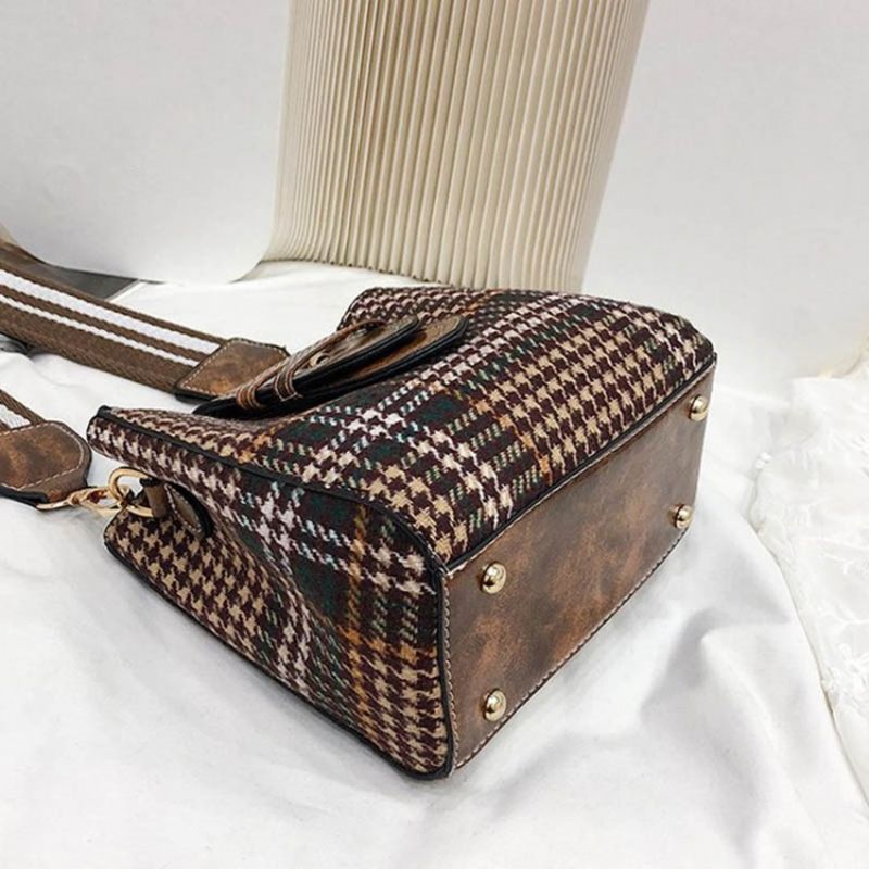 Crossbody Kabelka Houndstooth Wool Blends S Mřížkou Ve Tvaru Sudu