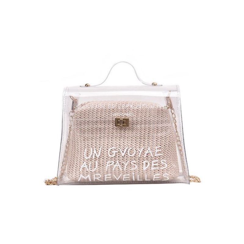 Letter Print Pvc Čtvercová Slaměná Taška Přes Rameno Crossbody