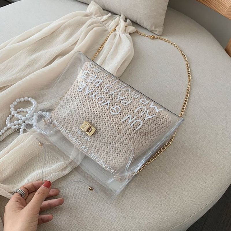 Letter Print Pvc Čtvercová Slaměná Taška Přes Rameno Crossbody