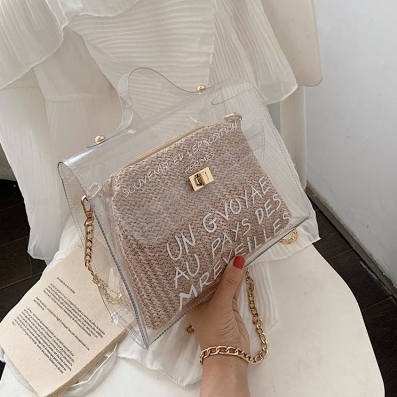 Letter Print Pvc Čtvercová Slaměná Taška Přes Rameno Crossbody