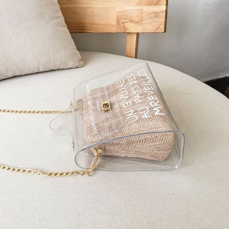 Letter Print Pvc Čtvercová Slaměná Taška Přes Rameno Crossbody