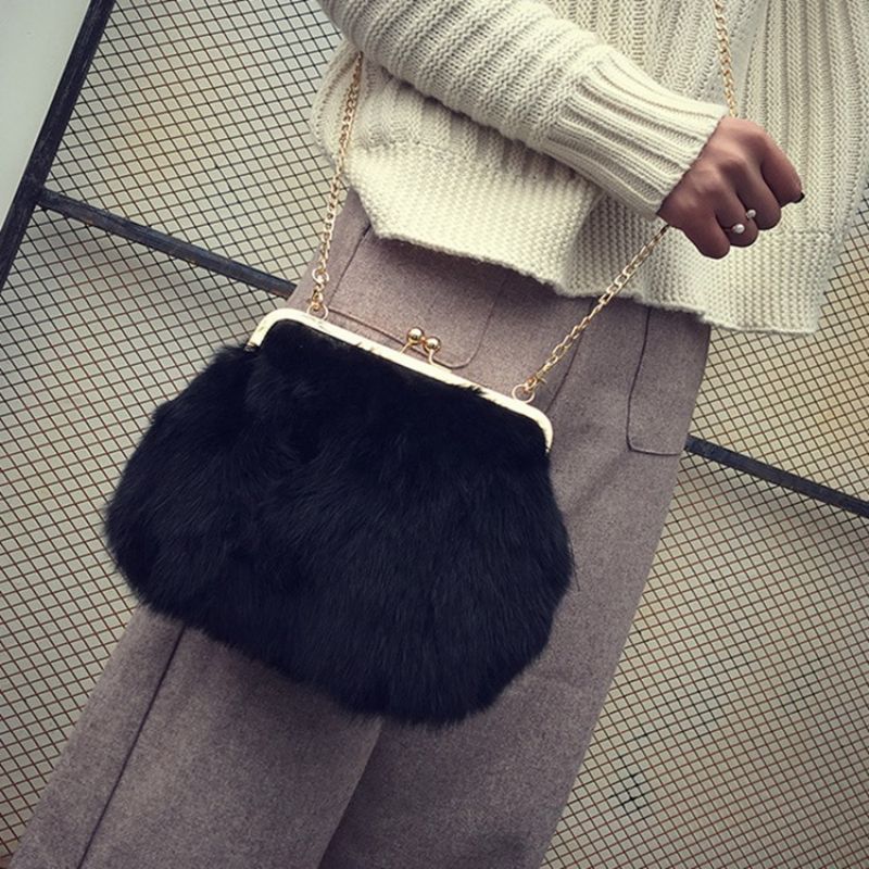 Obdélníkové Crossbody Kabelky Fux Fur Plain Chain