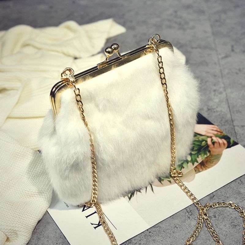 Obdélníkové Crossbody Kabelky Fux Fur Plain Chain