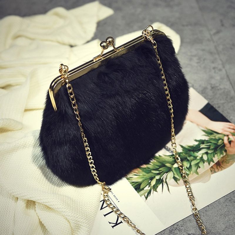 Obdélníkové Crossbody Kabelky Fux Fur Plain Chain