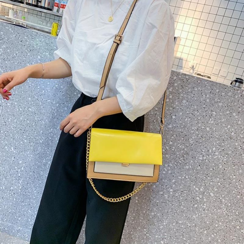 Pu Color Block Chain Rectangle Crossbody Tašky