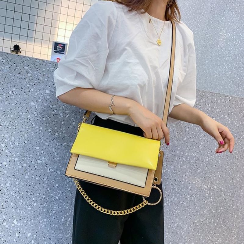 Pu Color Block Chain Rectangle Crossbody Tašky