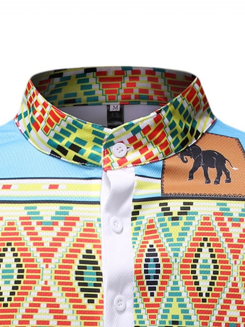 Pánské Tričko S Krátkým Rukávem Color Block Print Stand Collar Straight