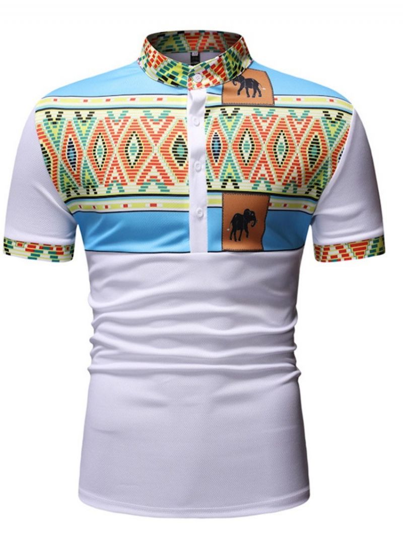 Pánské Tričko S Krátkým Rukávem Color Block Print Stand Collar Straight