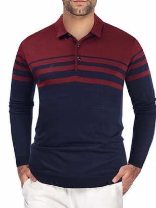 Patchworkové Tričko Polo Neck Stripe Pullover S Dlouhým Rukávem